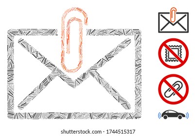 Linear mosaic mail attachement icon united from narrow elements in random sizes and color hues. Linear elements are organized into abstract vector collage mail attachement icon.