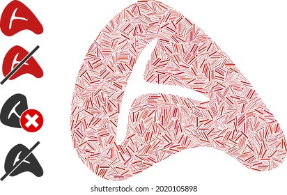Linear mosaic meat steak icon designed from thin items in different sizes and color hues. Irregular hatch items are united into abstract vector mosaic meat steak icon. Bonus pictograms are placed.