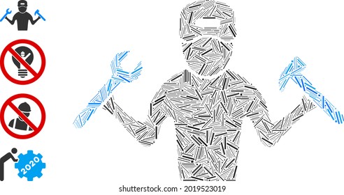 Linear mosaic mechanic boy icon united from thin items in random sizes and color hues. Lines elements are united into abstract vector mosaic mechanic boy icon. Bonus pictograms are placed.