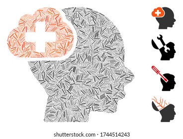 Linear mosaic medical idea cloud icon united from thin items in random sizes and color hues. Linear items are united into abstract vector composition medical idea cloud icon.