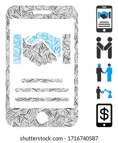 Icono de enlace de acuerdo móvil de mosaico lineal organizado a partir de objetos finos en diferentes tamaños y colores. Los elementos lineales vectoriales se unen en el icono abstracto del protocolo de contacto móvil del acuerdo móvil.