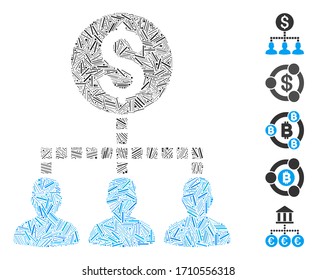 Linear mosaic money recipients icon designed from thin elements in random sizes and color hues. Vector linear elements are combined into abstract mosaic money recipients icon. Bonus icons are placed.