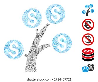 Linear mosaic money tree icon organized from straight elements in various sizes and color hues. Vector linear items are composed into abstract mosaic money tree icon. Bonus pictograms are added.