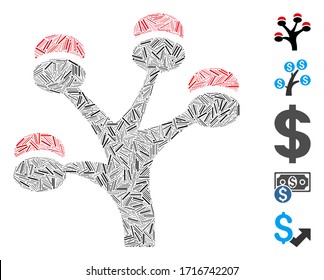 Linear mosaic money tree icon organized from straight items in different sizes and color hues. Vector hatch elements are organized into abstract mosaic money tree icon. Bonus pictograms are placed.