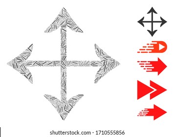 Linear mosaic move icon organized from narrow elements in variable sizes and color hues. Vector linear elements are combined into abstract mosaic move icon. Bonus icons are added.