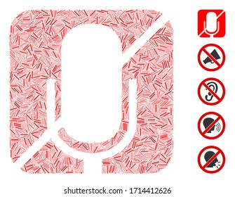 Icono de mute de mosaico lineal organizado a partir de elementos rectos en tamaños aleatorios y tonos de color. Las partes lineales vectoriales se organizan en un icono abstracto de mute de collage. Se añaden pictogramas bonificados.
