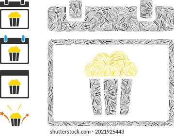 Icono del día nacional de palomitas de maíz de mosaico lineal compuesto de elementos rectos en tamaños variables y tonos de color. Los elementos lineales se unen en la composición vectorial abstracta icono del día nacional de palomitas de maíz.
