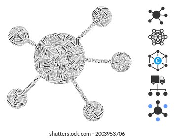 Icono de enlaces de red de mosaico lineal construido a partir de elementos rectos de diferentes tamaños y tonos de color. Los elementos lineales vectoriales se combinan en un icono de vínculos de red de composición abstracta.