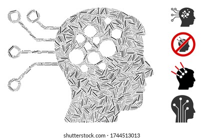 Linear mosaic neural computer links icon composed of straight elements in variable sizes and color hues. Linear items are composed into abstract vector mosaic neural computer links icon.