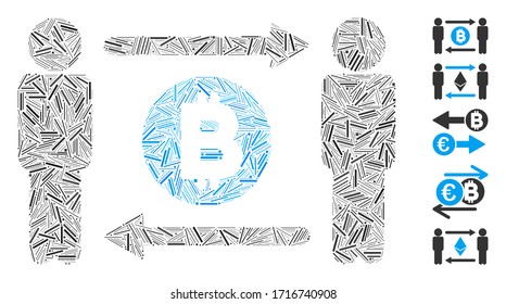 Linear mosaic people exchange Bitcoin coin icon composed of thin elements in different sizes and color hues. Vector hatch elements are composed into abstract mosaic people exchange Bitcoin coin icon.