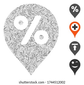 Linear mosaic percent map marker icon united from straight items in different sizes and color hues. Linear items are united into abstract vector composition percent map marker icon.