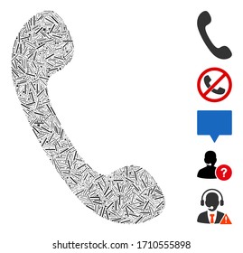 Linear mosaic phone icon organized from thin items in variable sizes and color hues. Vector line items are organized into abstract mosaic phone icon. Bonus icons are placed.