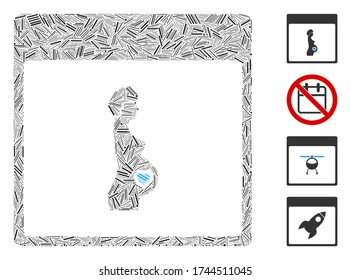 Linear mosaic pregnant woman calendar page icon designed from straight elements in different sizes and color hues.