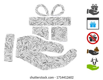 Linear mosaic present box give hand icon composed of narrow items in variable sizes and color hues. Vector linear items are united into abstract collage present box give hand icon.