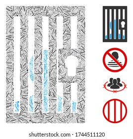 Icono de la puerta cerrada con mosaico lineal unido desde elementos finos en tamaños variables y tonos de color. Los elementos lineales se componen en un icono abstracto de puerta cerrada con mosaico vectorial.