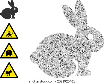 Linear mosaic rabbit icon organized from straight items in various sizes and color hues. Linear parts are arranged into abstract vector mosaic rabbit icon. Bonus pictograms are added.