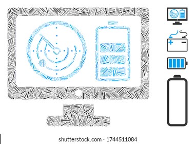 Linear mosaic radar battery control monitor icon composed of narrow items in variable sizes and color hues. Lines items are composed into abstract vector mosaic radar battery control monitor icon.