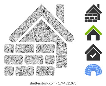 Icono de pared de ladrillo de mosaico lineal unido de elementos rectos en tamaños variables y tonos de color. Los elementos lineales se organizan en un icono de pared de ladrillo de composición vectorial abstracta.