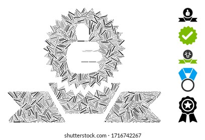 Icono de etiqueta recomendado de mosaico lineal organizado a partir de elementos finos en tamaños variables y tonos de color. Los elementos de rayado vectorial se organizan en un icono de etiqueta recomendado por mosaico abstracto.