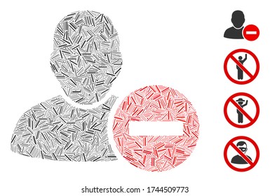 Linear mosaic remove user icon united from narrow elements in different sizes and color hues. Linear items are composed into abstract vector mosaic remove user icon. Bonus icons are added.