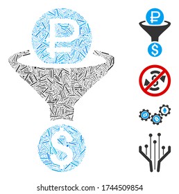 Icono de conversión de la moneda del rublo de mosaico lineal diseñado a partir de objetos estrechos de varios tamaños y tonos de color. Los elementos lineales se unen en un icono abstracto de conversión de moneda de rublos con composición vectorial.