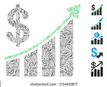Linear mosaic sales trend icon united from thin items in random sizes and color hues. Vector linear parts are united into abstract collage sales trend icon. Bonus icons are placed.