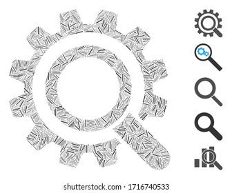 Lineare Mosaik-Suchoptionen Verzahnung Symbol aus dünnen Elementen in variabler Größe und Farbtönen. Lineare Teile der Vektorillustration werden in abstrakte Mosaik-Suchoptionen Fanggerätsymbol vereint.