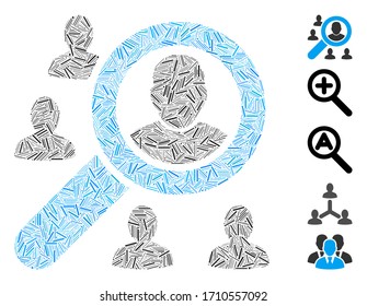 Linear mosaic search users icon constructed from narrow items in random sizes and color hues. Vector hatch parts are grouped into abstract mosaic search users icon. Bonus pictograms are added.