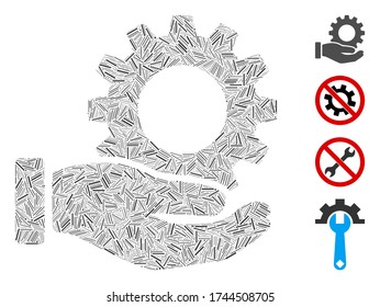 Linear mosaic service gear icon organized from straight elements in variable sizes and color hues. Linear parts are united into abstract vector mosaic service gear icon. Bonus pictograms are placed.