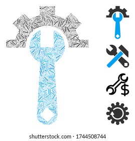 Linear mosaic service tools icon united from thin items in variable sizes and color hues. Linear items are united into abstract vector collage service tools icon. Bonus pictograms are placed.