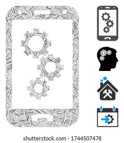 Linear mosaic smartphone settings gears icon constructed from narrow elements in various sizes and color hues. Linear items are combined into abstract vector mosaic smartphone settings gears icon.