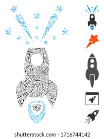 Icono de la pluma espacial de mosaico lineal diseñado a partir de elementos delgados en diferentes tamaños y colores. Los elementos lineales vectoriales se organizan en un icono abstracto de la pluma espacial de composición.