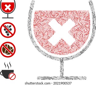Linear mosaic stop drink wine icon composed of straight items in variable sizes and color hues. Irregular hatch items are composed into abstract vector mosaic stop drink wine icon.