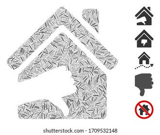 Icono de casa terrible de mosaico lineal organizado a partir de elementos estrechos en diferentes tamaños y tonos de color. Los elementos lineales vectoriales se combinan en un mosaico abstracto icono de casa terrible. Se colocan iconos de bonificación.