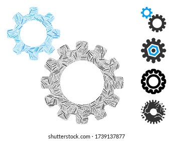 Linear mosaic transmission gears icon united from straight items in variable sizes and color hues. Linear items are arranged into abstract vector mosaic transmission gears icon. Bonus icons are added.