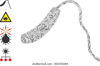 Linear mosaic Vibrio cholerae icon constructed from thin items in random sizes and color hues. Line items are combined into abstract vector mosaic Vibrio cholerae icon. Bonus icons are added.