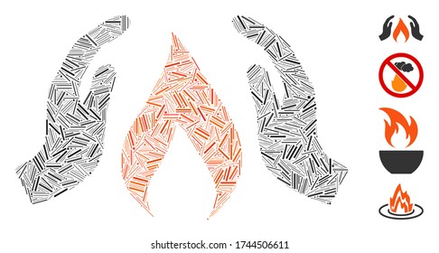 Linear mosaic warm up hands icon united from thin elements in random sizes and color hues. Linear parts are united into abstract vector illustration warm up hands icon. Bonus icons are placed.