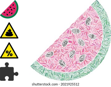 Icono de la pieza de la sandía de mosaico lineal diseñado a partir de elementos finos de varios tamaños y colores. Los elementos lineales se unen en el icono de la pieza de la sandía de colaje vectorial abstracto. Se añaden pictogramas bonificados.