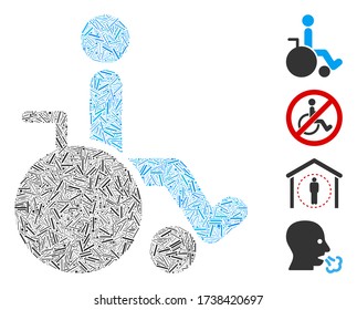 Linear mosaic wheelchair icon organized from narrow elements in random sizes and color hues. Irregular hatch elements are organized into abstract vector mosaic wheelchair icon. Bonus icons are placed.