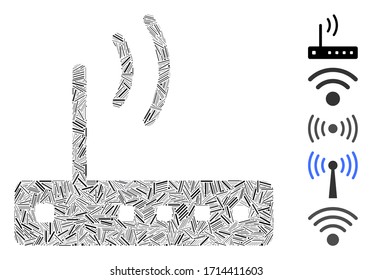 Lineares Mosaik-Wi-Fi-Modem-Symbol, konstruiert aus dünnen Elementen in verschiedenen Größen und Farbtönen. Vektorillustration Luch Elemente werden zu einem abstrakten Mosaik Wi-Fi Modem Symbol kombiniert. Bonussymbole werden hinzugefügt.