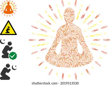 Linear mosaic yoga meditation icon constructed from narrow items in variable sizes and color hues. Linear items are united into abstract vector illustration yoga meditation icon.