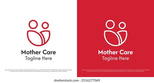 Lineare Mutter Kind Logo Design Illustration. Linie Silhouette der Mutter Kind Charakter Menschen menschliche Pflege unterstützen ruhigen Frieden Zuneigung. Einfaches minimales abstraktes feminines Symbol.