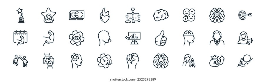 linear motivation icon pack. vector thin line profit growth, talent, money, focused, communication, influencer, fist, challenge icons suitable for apps and websites ui designs