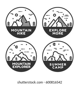 Linear Mountain Badge Set. Mountain Hike, Mountain Explorer, Summer Camp, Explore More.