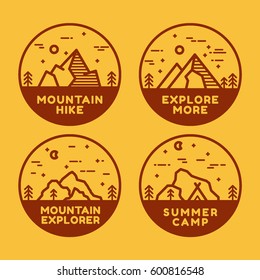 Linear mountain badge set. Mountain hike, mountain explorer, summer camp, explore more.