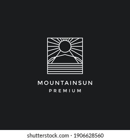 Linear mountain sun sky vector icon logo design. Travel adventure. in black backround 
