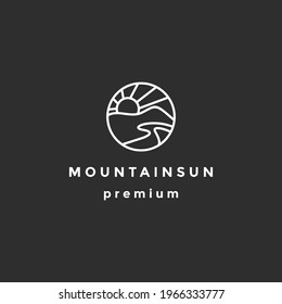 Linear mountain sun sky vector logo design icon. Nature adventure tourism logotype symbol on black background