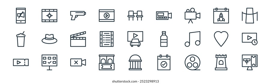 Vector de línea delgada castillo, cuenta regresiva, pistola, cohete, guion, ver una película, edificio, iconos de reserva en línea adecuados para App y Sitios web UI diseños