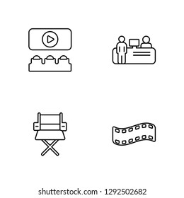 Linear Movie Theater, Director chair, Cinema ticket window, Film negatives Vector Illustration Of 4 outline Icons. Editable Pack Of Movie Theater, Director chair, Cinema ticket window, Film negatives