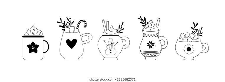 Linear mugs and cups with winter hot drinks. Doodles. Coffee, chocolate, whipped cream, cocoa, marshmallow. Christmas and New Year. Line art. Coloring book.